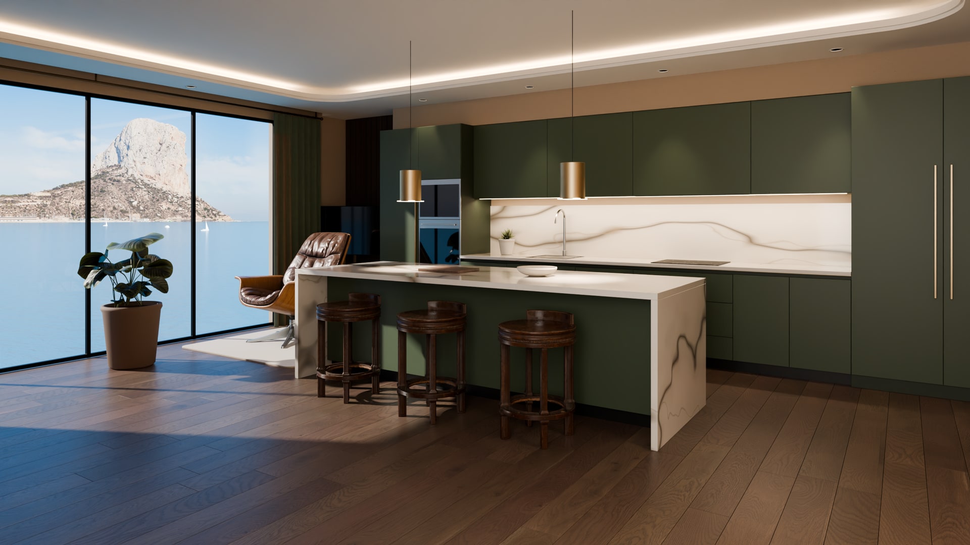 Cocina-salón luminosa con vistas al mar y al Peñón de Ifach: muebles verde oliva, isla de mármol claro con taburetes de madera y suelo de roble